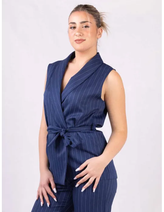 Blue and white pinstriped sleeveless jacket gilet and trousers suit