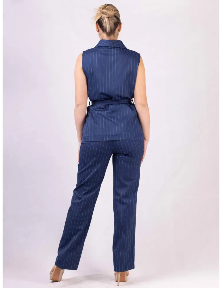Blue and white pinstriped sleeveless jacket gilet and trousers suit