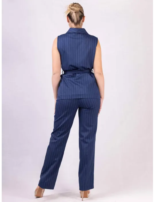 Blue and white pinstriped sleeveless jacket and trousers suit
