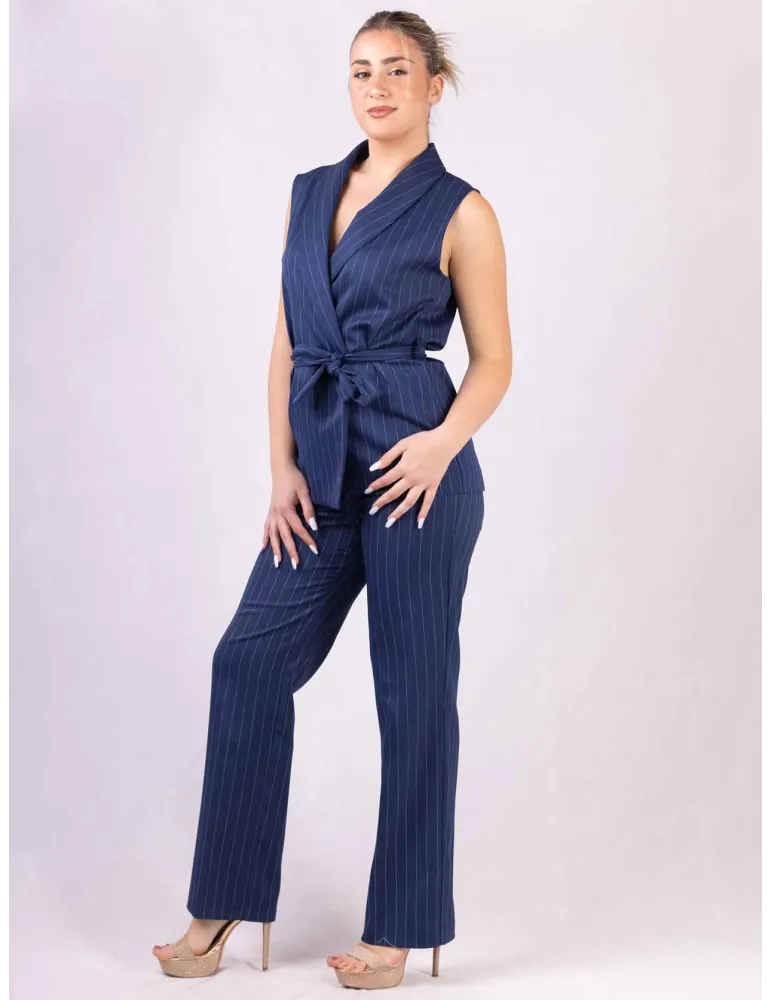 Blue and white pinstriped sleeveless jacket and trousers suit