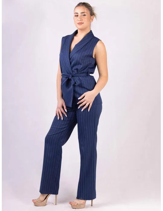 Blue and white pinstriped sleeveless jacket gilet and trousers suit