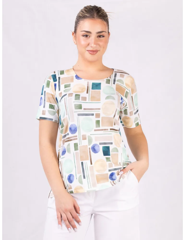 Rubamori online | Maglia t-shirt bianca con geometrie beige e verde
