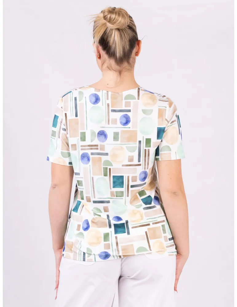 Rubamori online | Maglia t-shirt bianca con geometrie beige e verde