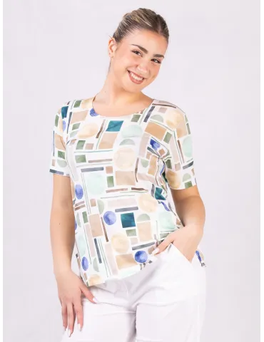 Rubamori online | Maglia t-shirt bianca con geometrie beige e verde