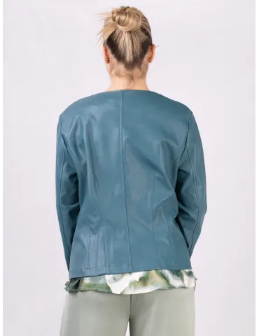 Rubamori petrol green faux leather round neck zipped jacket 2