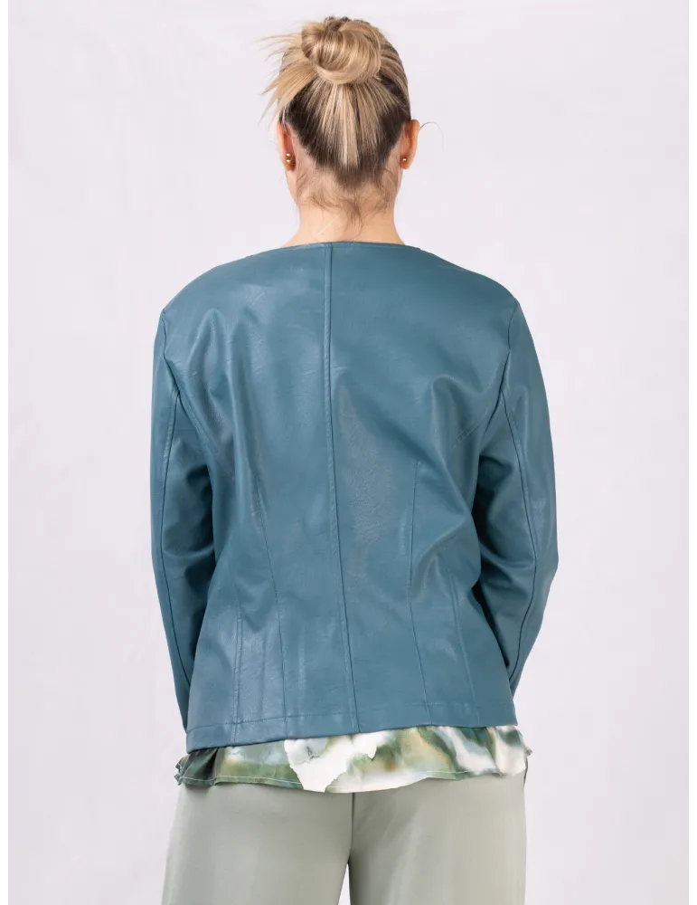 Rubamori petrol green faux leather round neck zipped jacket