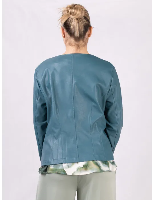 Rubamori petrol green faux leather round neck zipped jacket