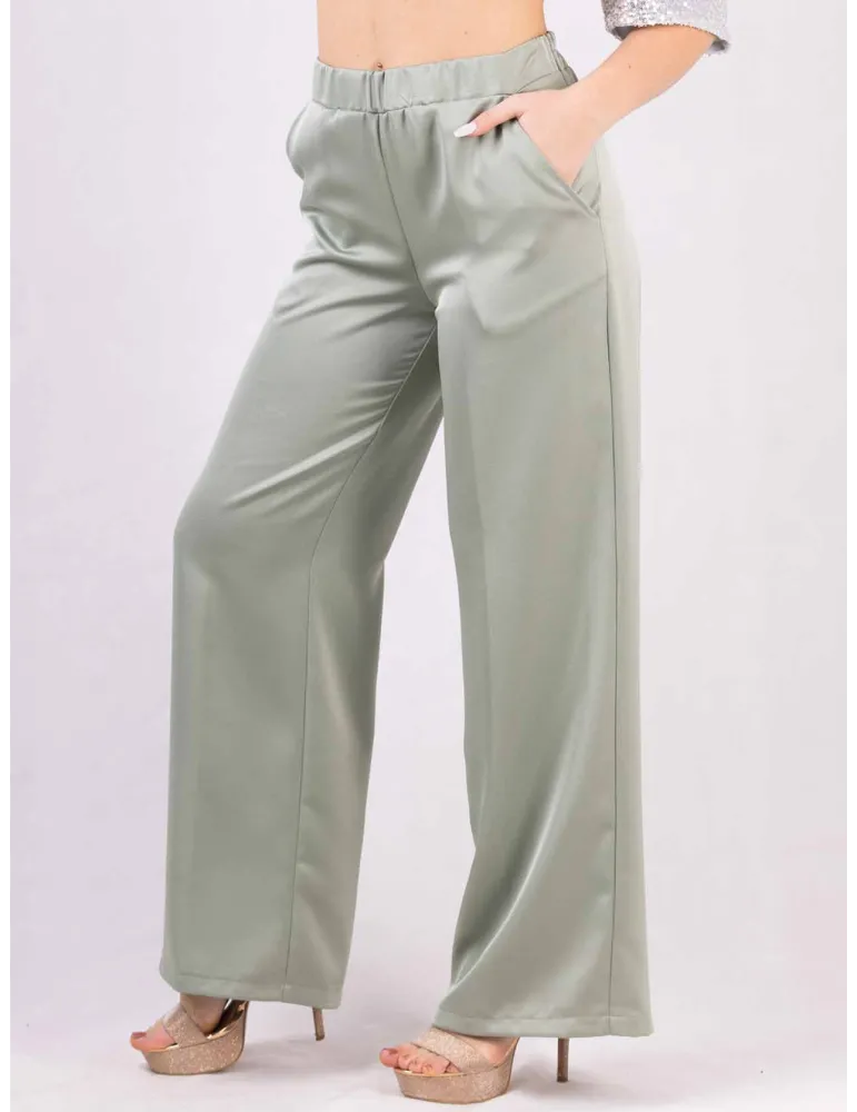 Pantaloni palazzo in cady raso lucido verde chiaro fino tg 54 Rubamori