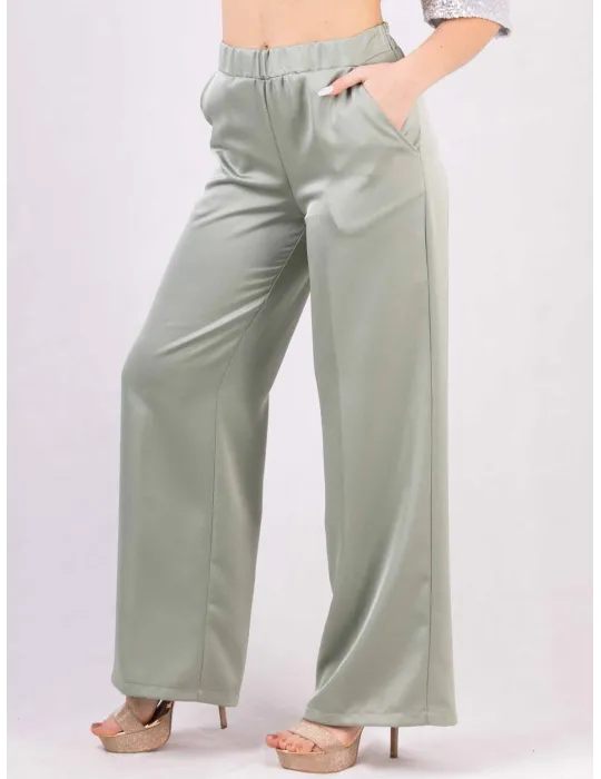Pantaloni palazzo in cady raso lucido verde chiaro fino tg 54 Rubamori