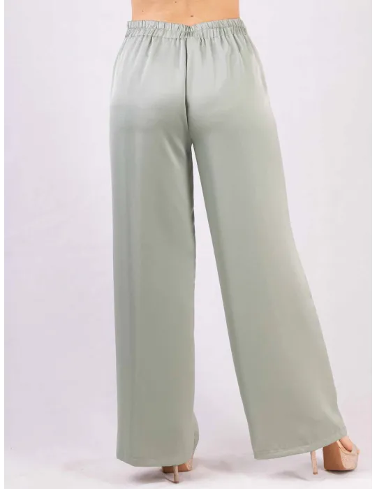 Pantaloni palazzo in cady raso lucido verde chiaro fino tg 54 Rubamori