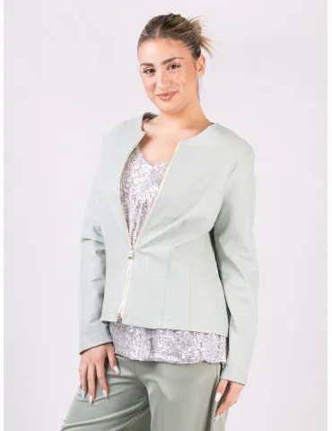 Rubamori Milano | Light green faux leather roundneck zipped jacket 2