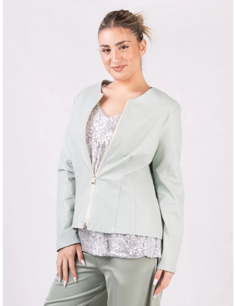 Rubamori Milano | Light green faux leather roundneck zipped jacket