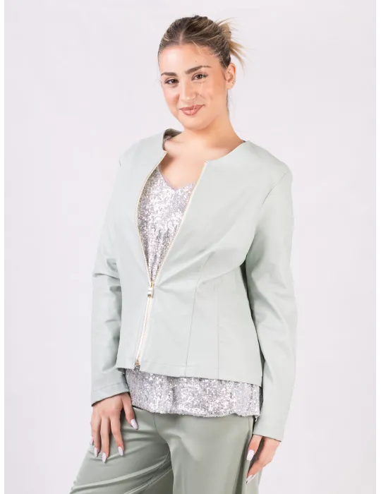 Rubamori Milano | Light green faux leather roundneck zipped jacket