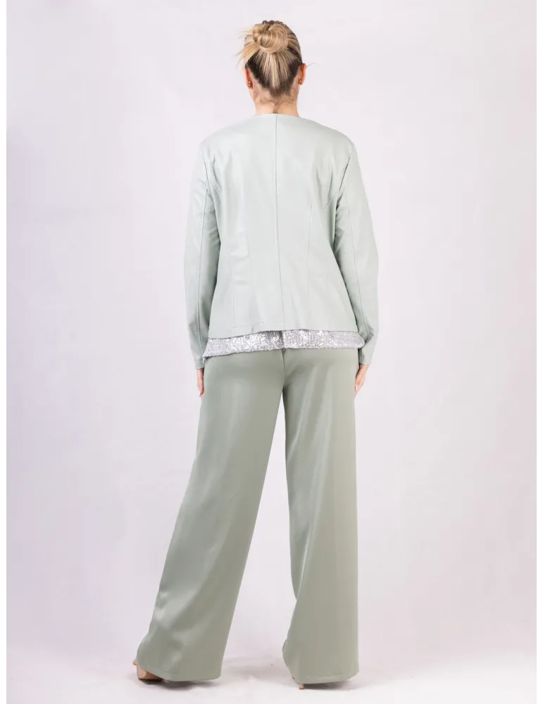 Rubamori Milano | Light green faux leather roundneck zipped jacket