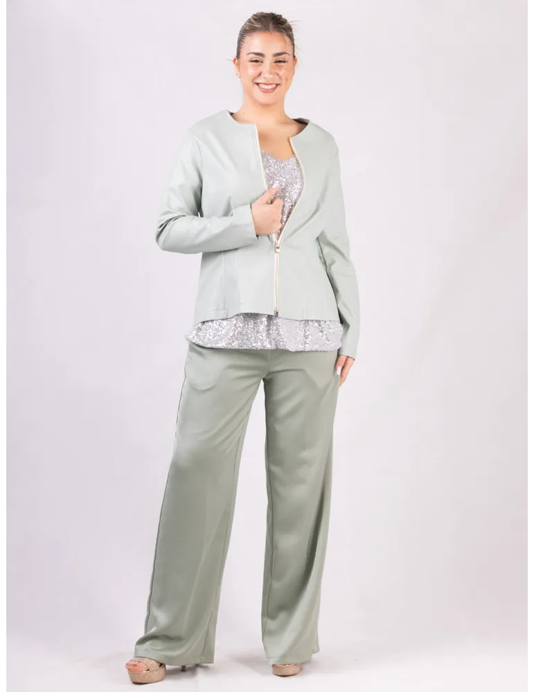 Rubamori Milano | Light green faux leather roundneck zipped jacket