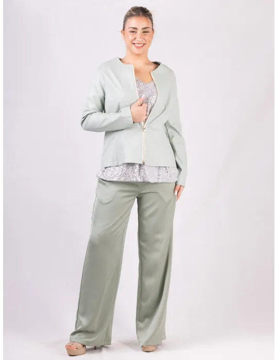 Rubamori Milano | Light green faux leather roundneck zipped jacket