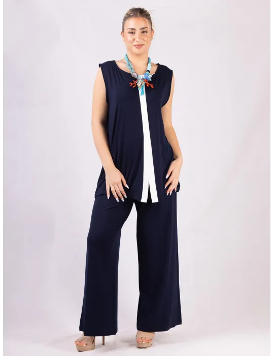 Plus size Dark blue three quarter sleeve wide blouse shirt for jumpsuit