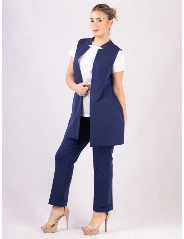 Giacca lunga aperta senza maniche gilet jersey di cotone blu Rubamori 2