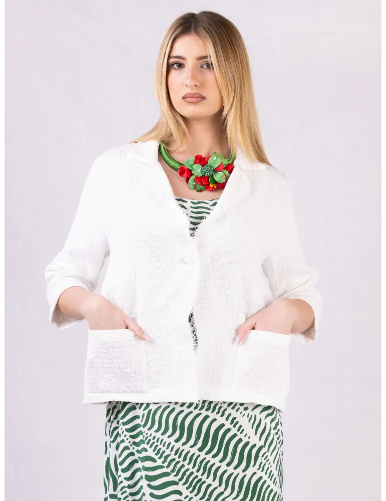 Rubamori white tweed cotton frayed jacket Chanel styled Rubamori white tweed cotton frayed jacket Chanel styled