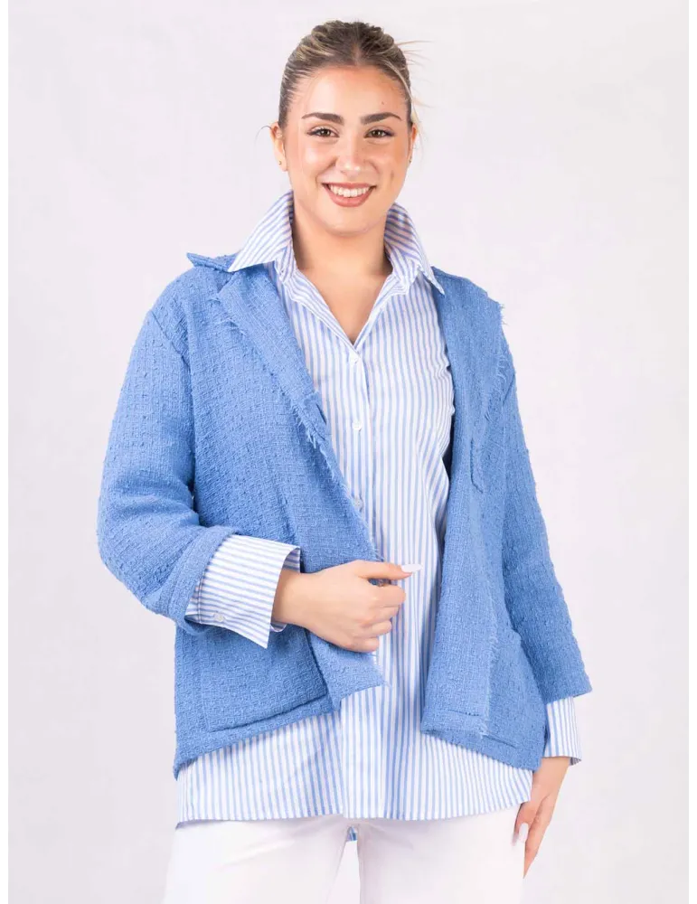 Rubamori Light blue tweed cotton frayed jacket Chanel style
