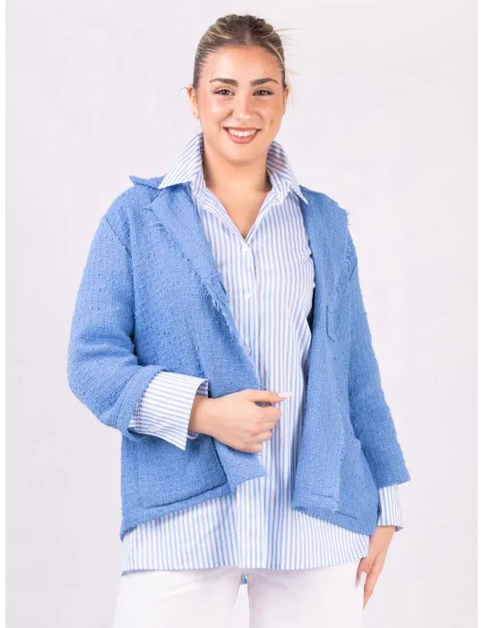 Giacca celeste in tweed cotone sfrangiato Rubamori fino alla 52 Giacca celeste in tweed cotone sfrangiato Rubamori fino alla 52