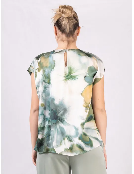 Blusa in raso di viscosa floreale sul verde Rubamori fino alla tg 54