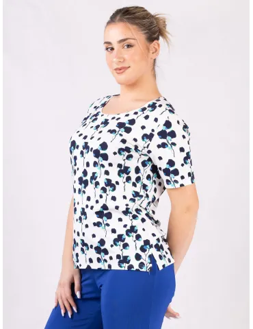 Rubamori Milano | Plus size blue green bouquet printed white t-shirt 2