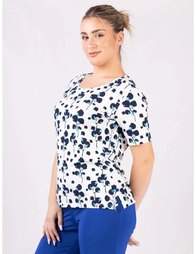 Rubamori Milano | Plus size blue green bouquet printed white t-shirt