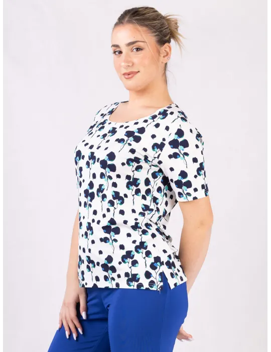 Rubamori online | Maglia t-shirt bianca fantasia bouquet blu e verde