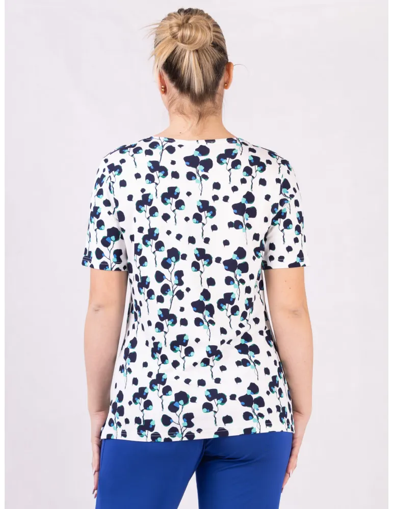Rubamori online | Maglia t-shirt bianca fantasia bouquet blu e verde