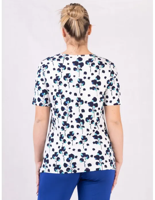 Rubamori online | Maglia t-shirt bianca fantasia bouquet blu e verde