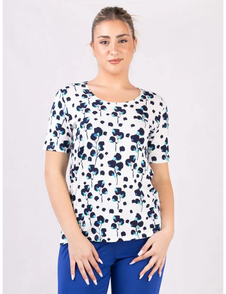 Rubamori blue and green bouquet printed white t-shirt