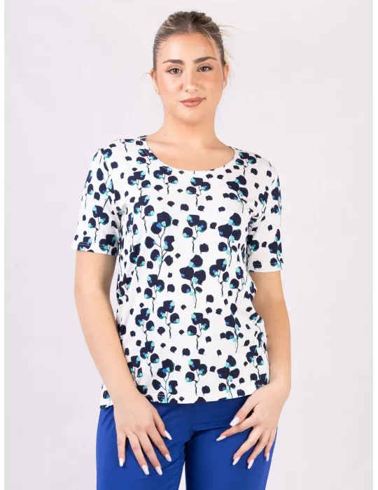 Rubamori online | Maglia t-shirt bianca fantasia bouquet blu e verde Rubamori online | Maglia t-shirt bianca fantasia bouquet blu e verde