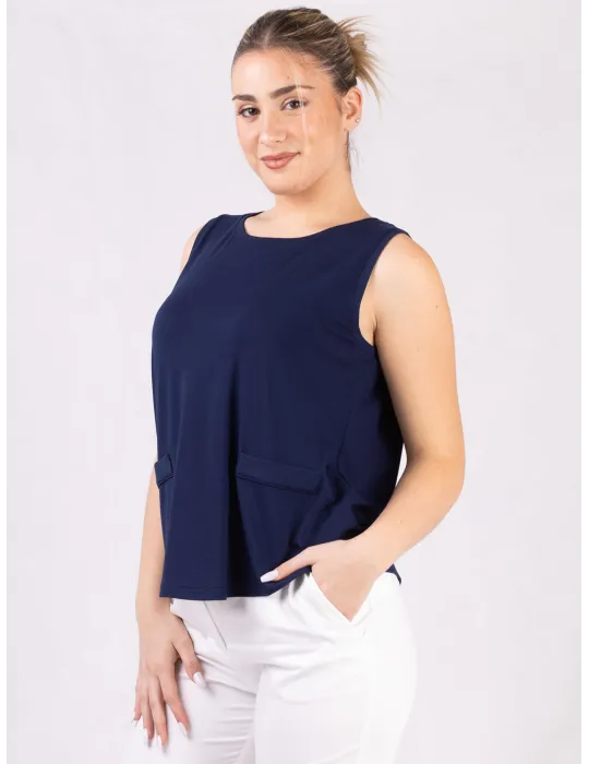 Canotta blu a trapezio con finte tasche Rubamori