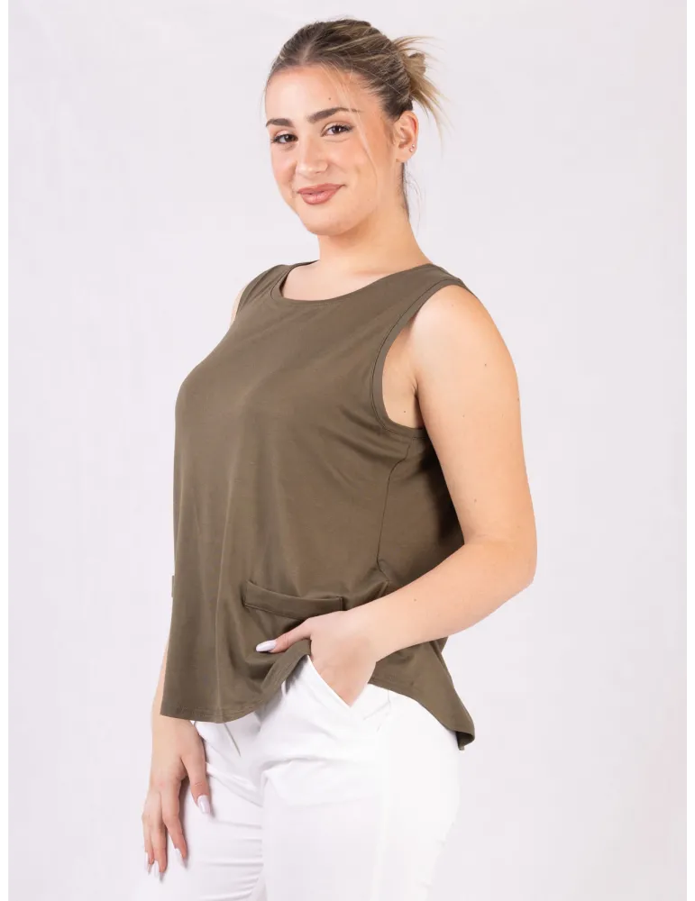 Canotta verde militare a trapezio con finte tasche Rubamori