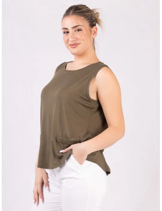 Canotta verde militare a trapezio con finte tasche Rubamori