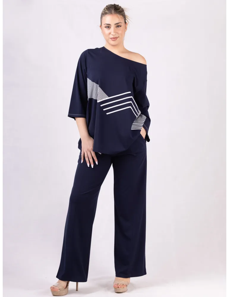 Plus size Dark blue three quarter sleeve wide blouse shirt for jumpsuit