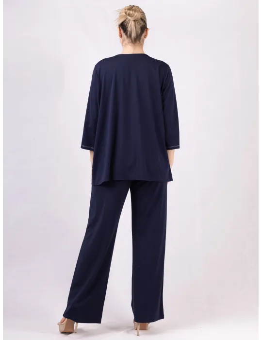 Plus size Dark blue three quarter sleeve wide blouse shirt for jumpsuit