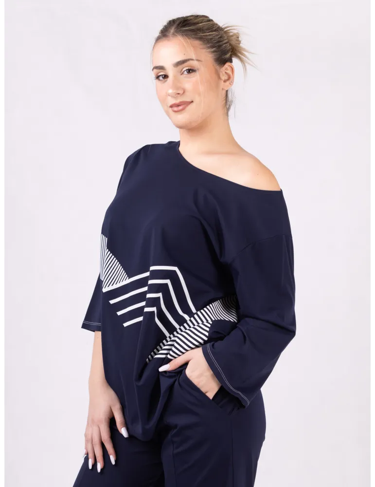 Plus size Dark blue three quarter sleeve wide blouse shirt for jumpsuit