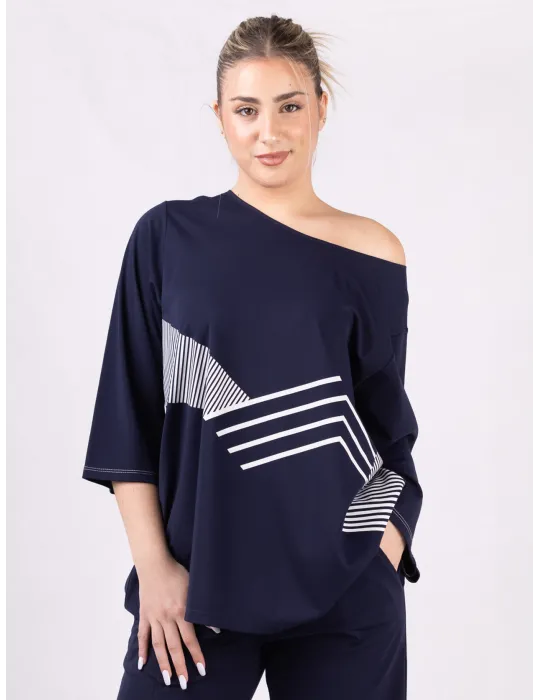 Plus size Dark blue three quarter sleeve wide blouse shirt for jumpsuit Plus size Dark blue three quarter sleeve wide blouse shirt for jumpsuit