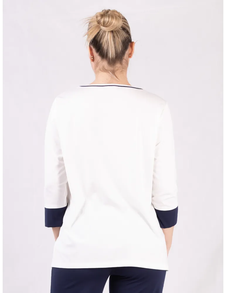 Rubamori White and blue three quarter sleeve blouse shirt