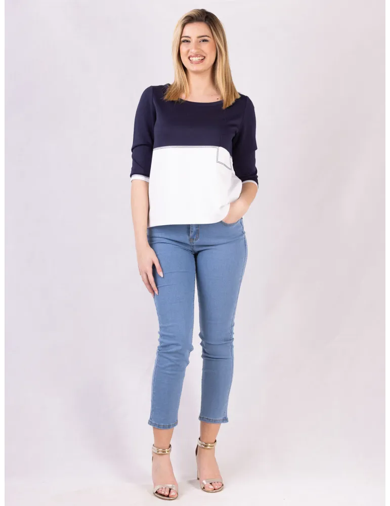 Riva Chic Two-Tone Sporty Jersey Top with rhinestones