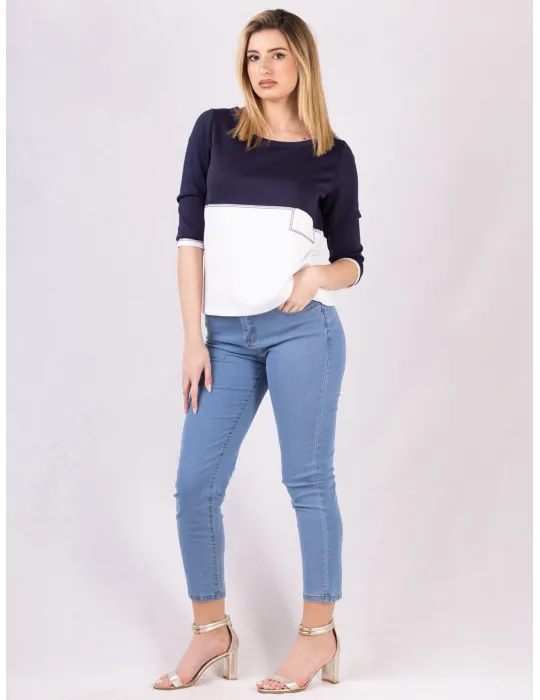Riva Chic Two-Tone Sporty Jersey Top with rhinestones