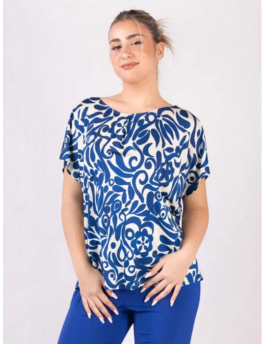 Blusa in viscosa fantasia panna e azzurro Rubamori