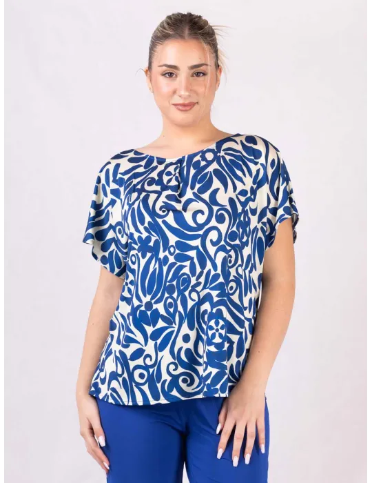 Blusa in viscosa fantasia panna e azzurro Rubamori