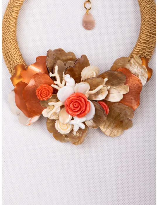 Handmade rigid short necklace with coral bronze worked flower Handmade rigid short necklace with coral bronze worked flower