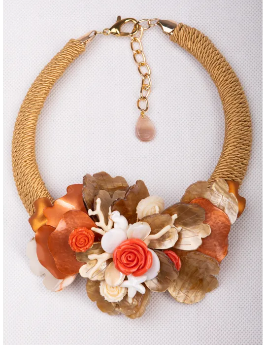 Handmade rigid short necklace with coral bronze worked flower