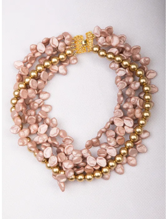 Handmade multistrand beige and golden pearls