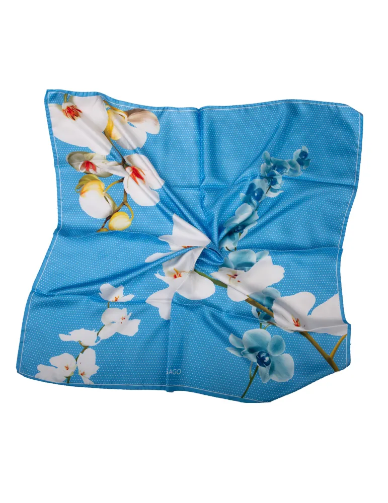 Sky blue twill silk satin foulard scarf with orchids flowers Sky blue twill silk satin foulard scarf with orchids flowers
