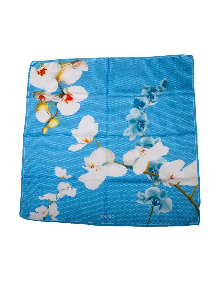 Sky blue twill silk satin foulard scarf with orchids flowers